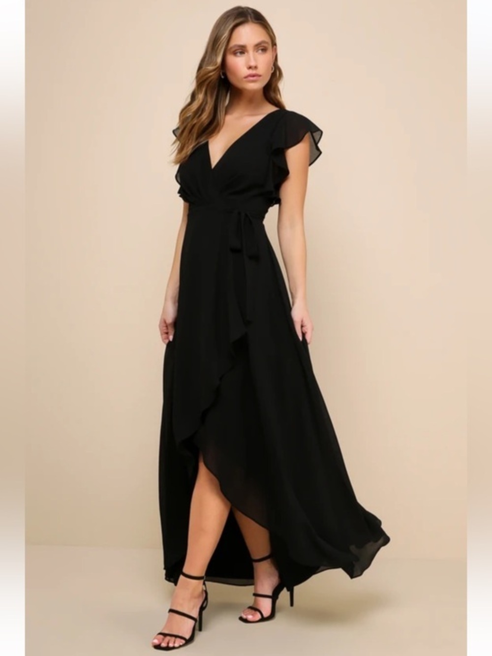 NWT Lulus Ravishing Charm Black Ruffled Wrap High-Low Maxi Dress